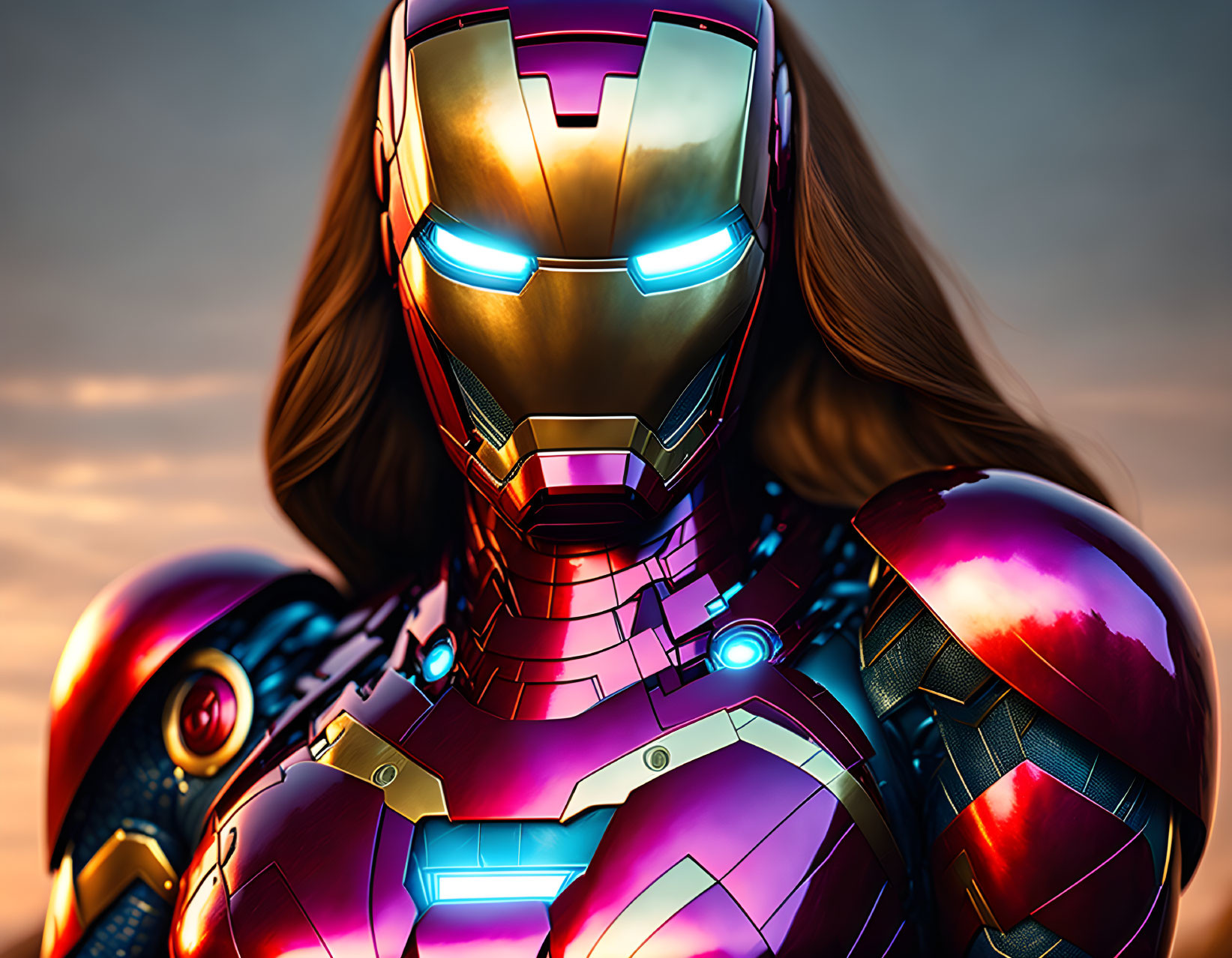 Individual in Iron Man suit with glowing blue eyes and chest reactor at sunset