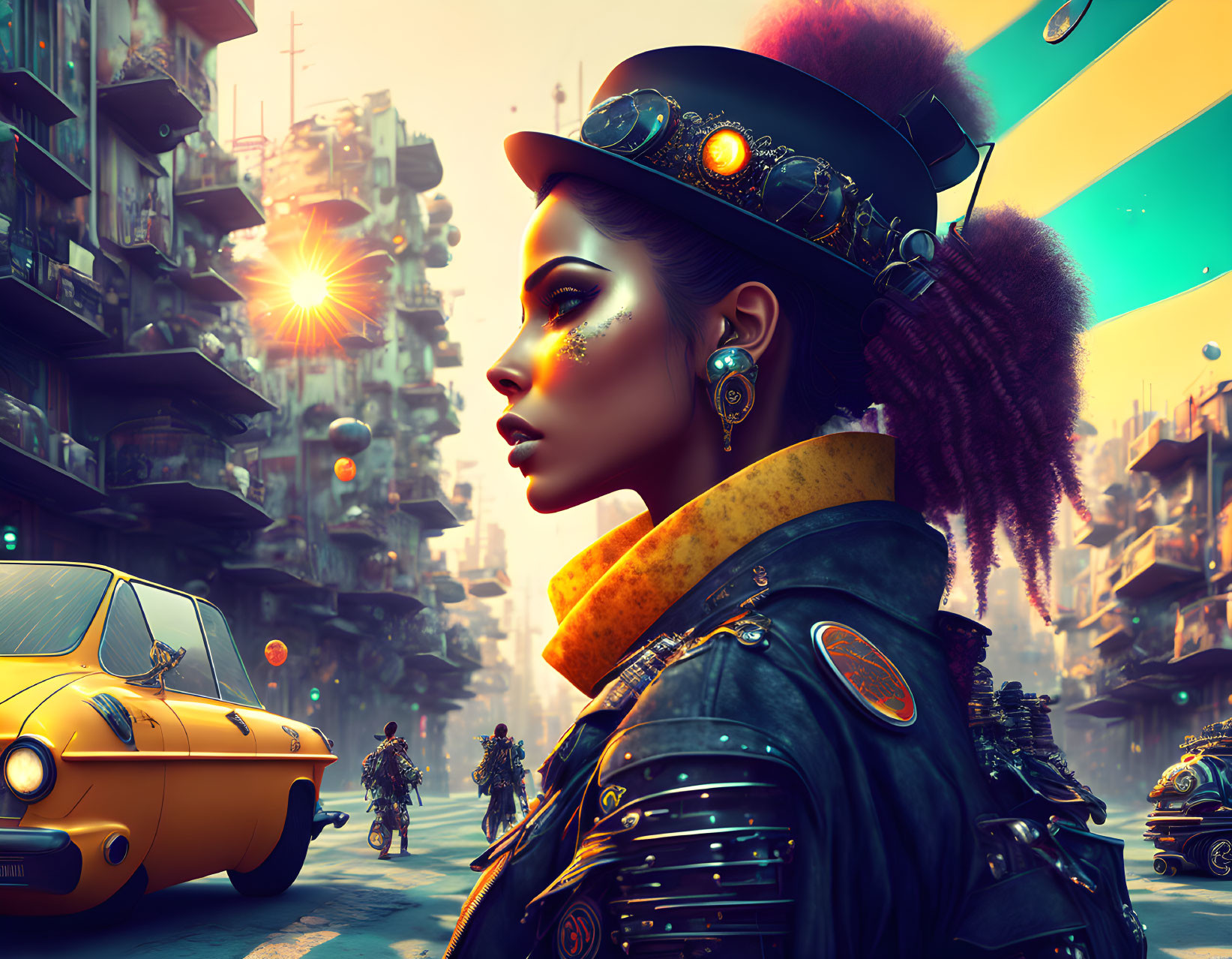 Colorful Futuristic Cityscape with Punk-inspired Fashion Woman