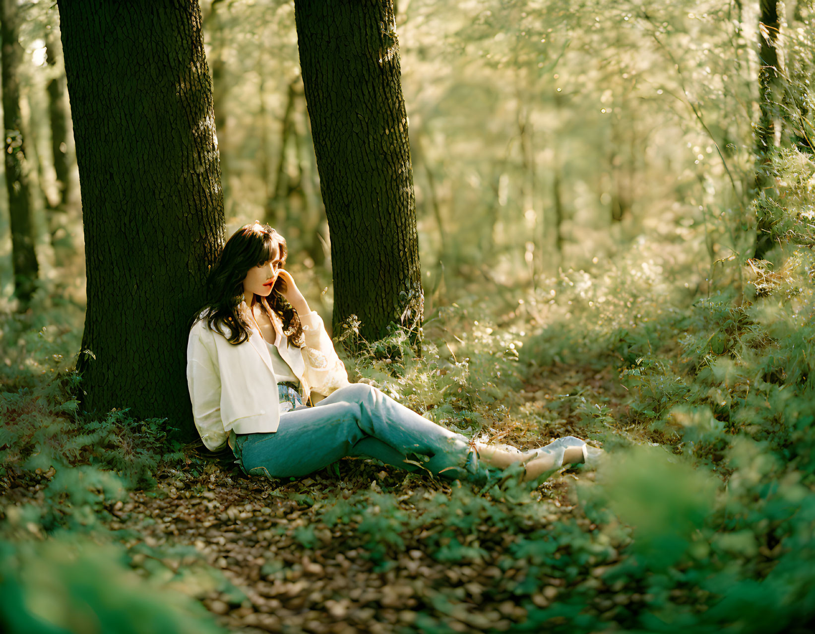 Woman sitting in forest surrounded by green foliage and sunlight