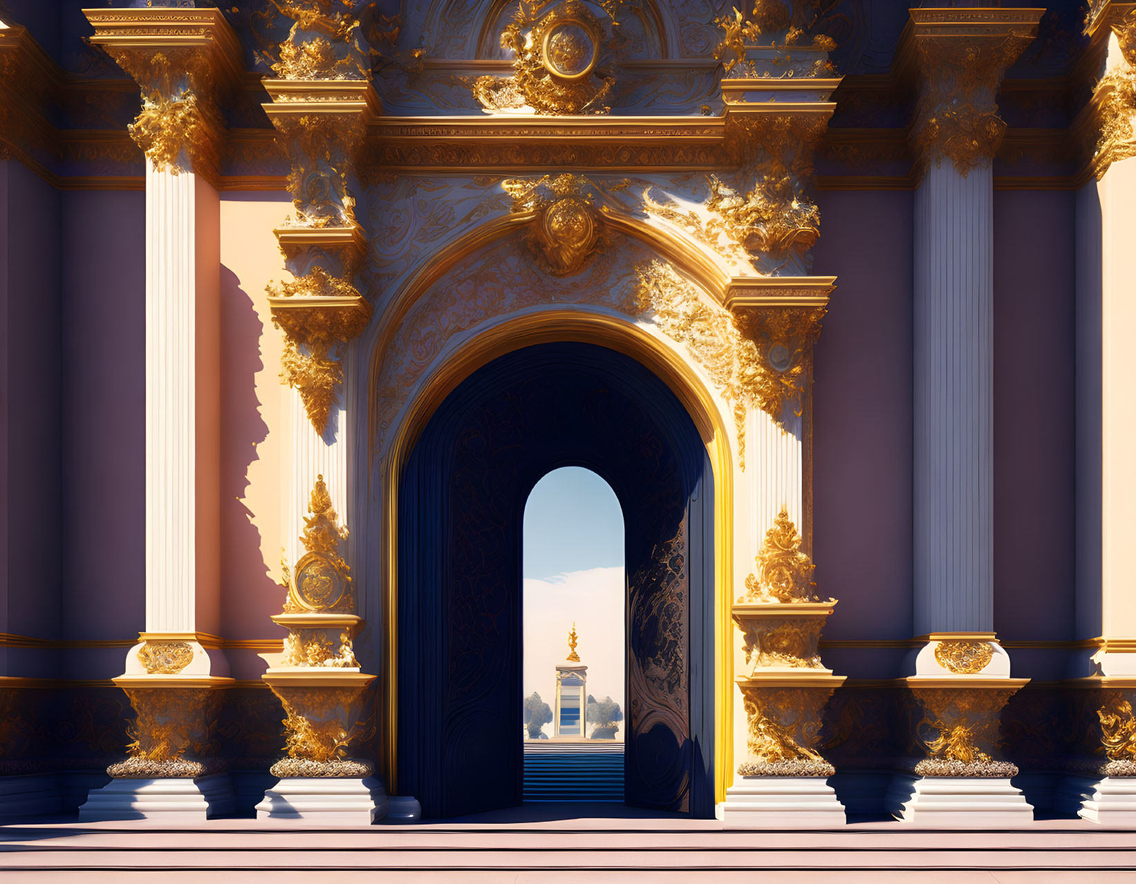 Ornate gold archway with columns on purple wall under clear sky