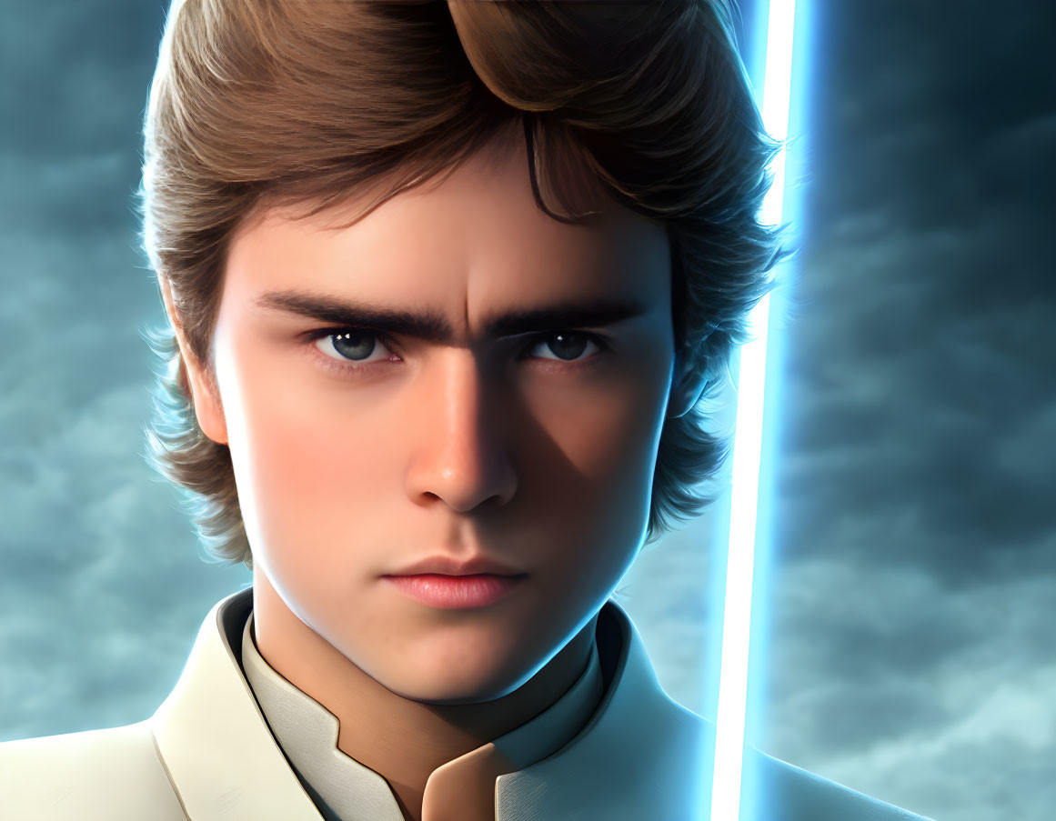 Young male character with blue lightsaber in digital illustration