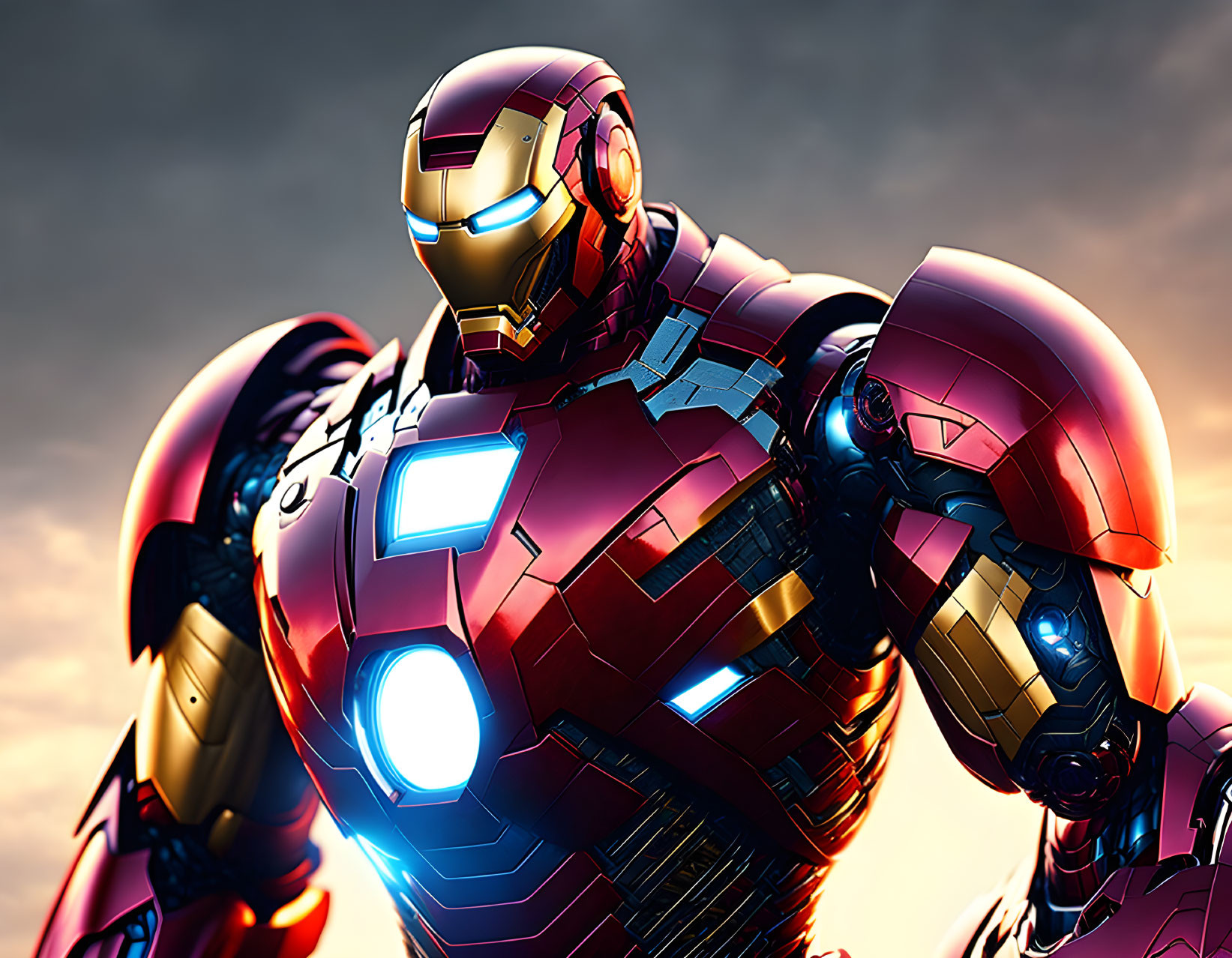 Detailed Iron Man armor with glowing chest reactor at sunset