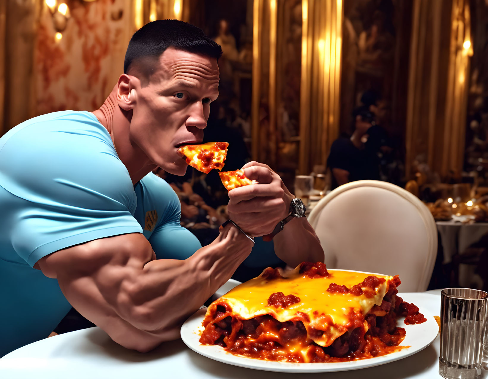 Muscular person eating large pizza slice in luxurious dining room