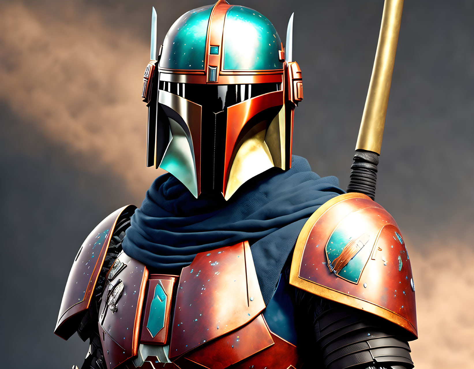 Character in Weathered Mandalorian Helmet with T-Visor and Long Weapon