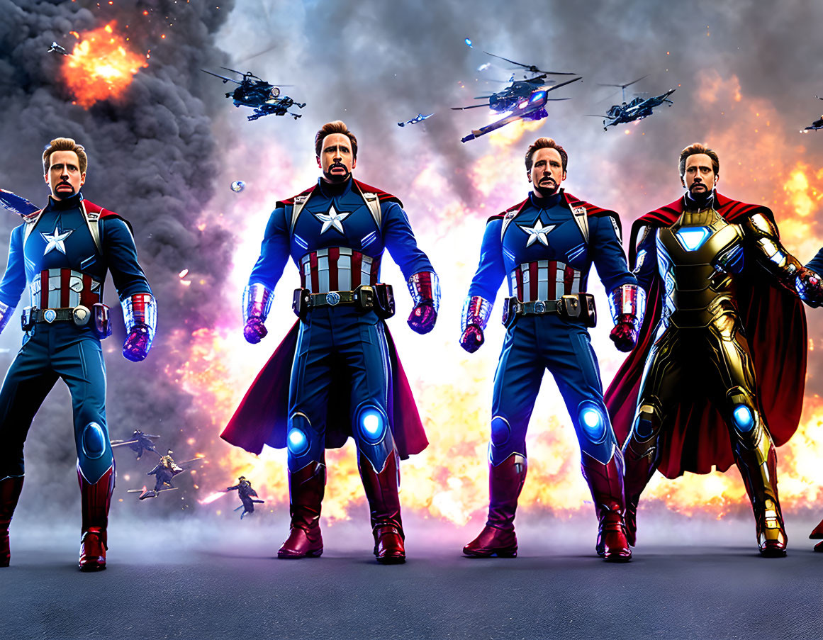 Four futuristic superheroes in American flag armor amidst smoke and explosions