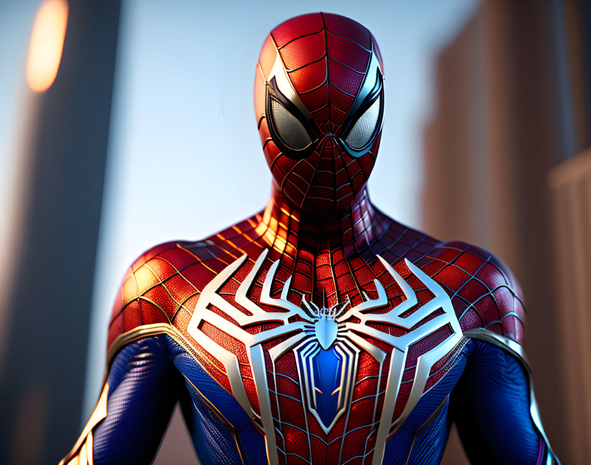 Detailed Spider-Man suit close-up among skyscrapers with sunlight glare