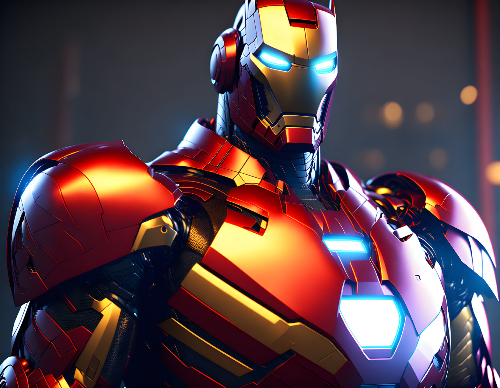 Detailed Metallic Red and Gold Iron Man Suit Close-Up at Night