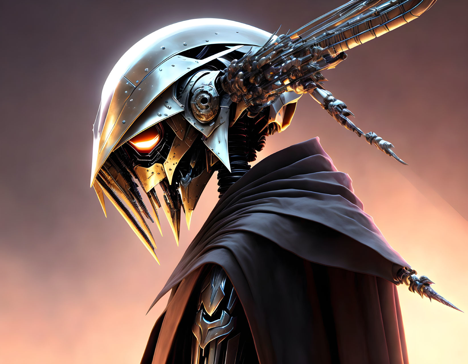 Metallic skull, red eyes, and dark cloak on robotic figure against amber backdrop