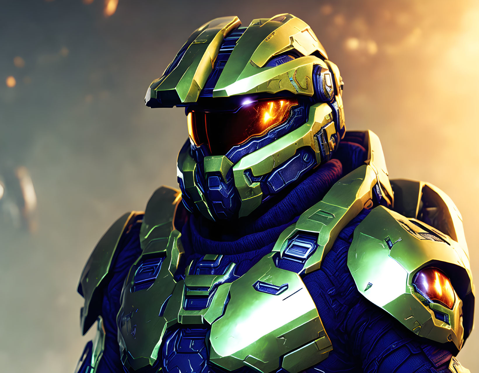 Futuristic armored soldier with glowing visor and blue-green armor on golden backdrop