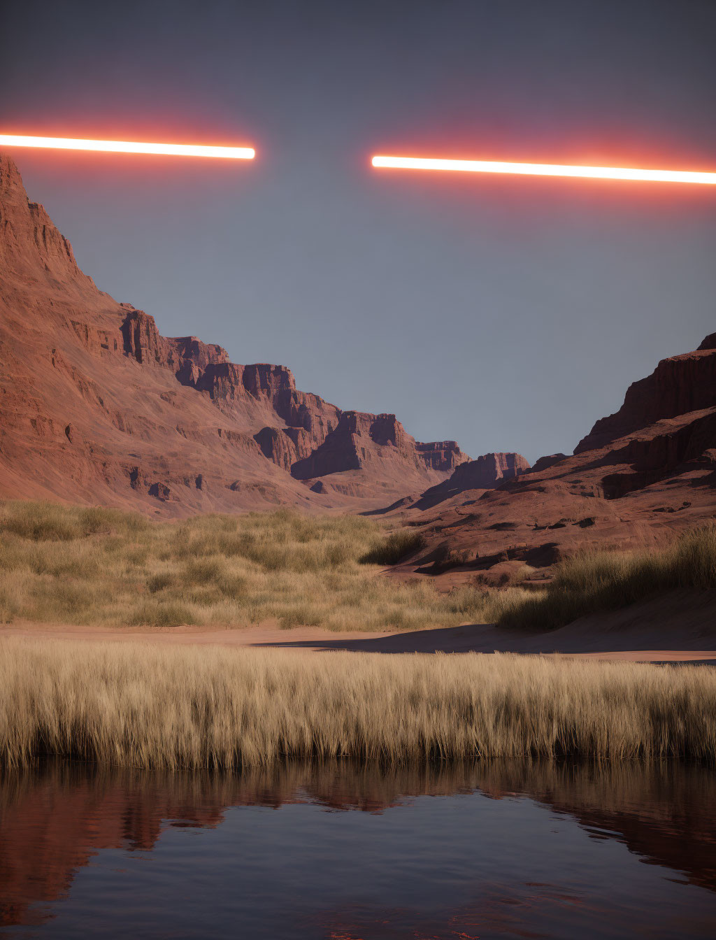 Twilight desert landscape with glowing lines, red rock formations, calm water, and grasses