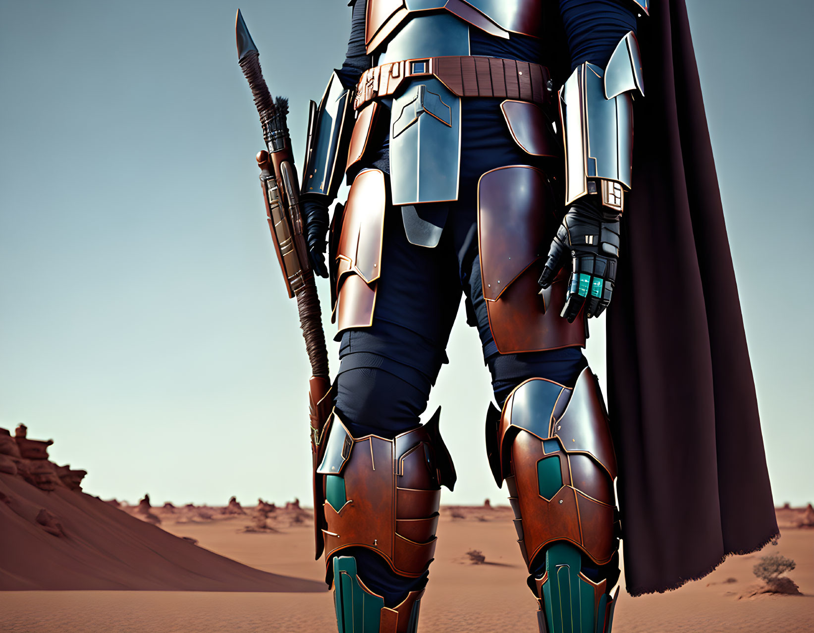 Character in Blue and Silver Armor with Spear in Desert Landscape