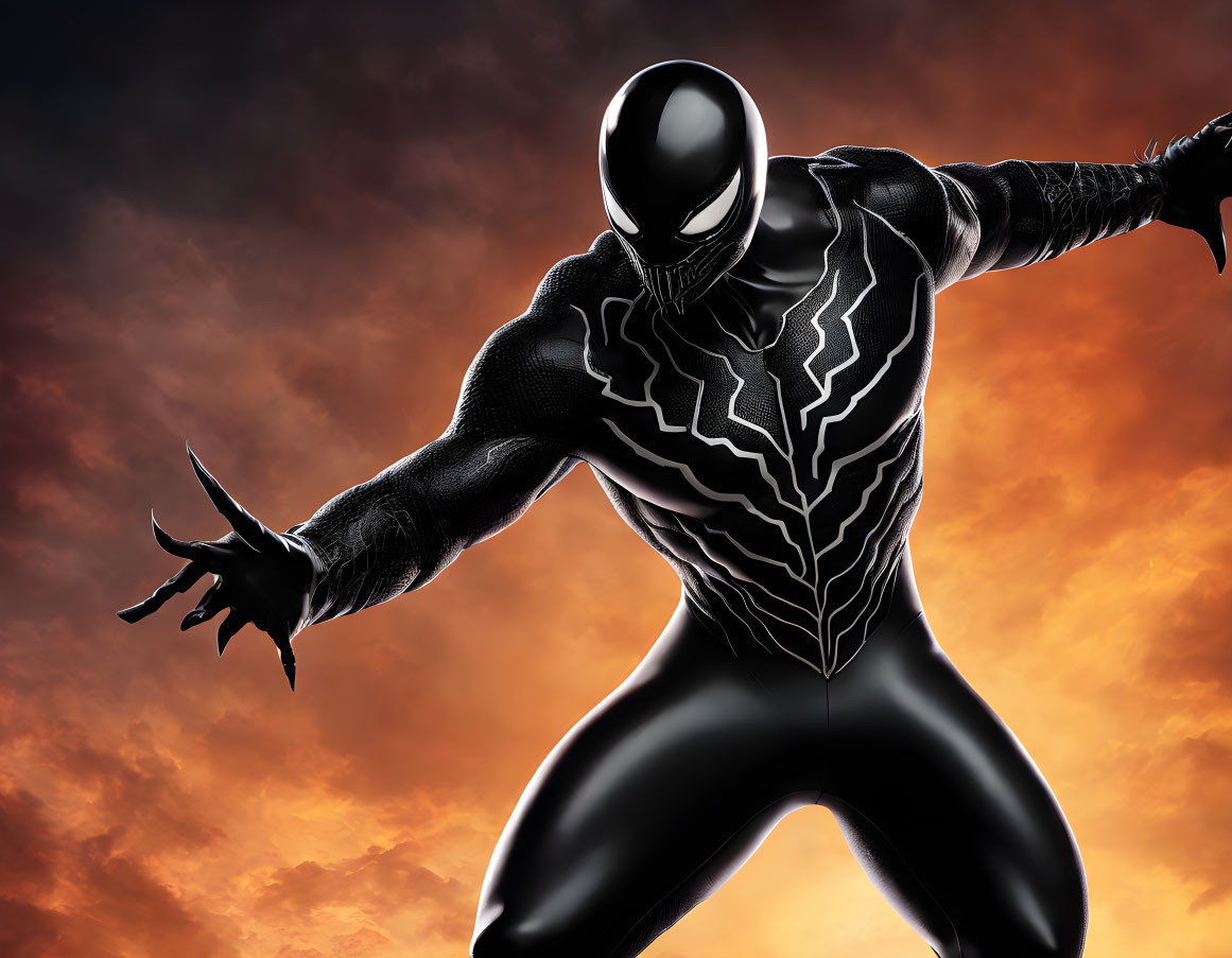 Superhero in Black Suit with White Spider Emblem in Dynamic Pose