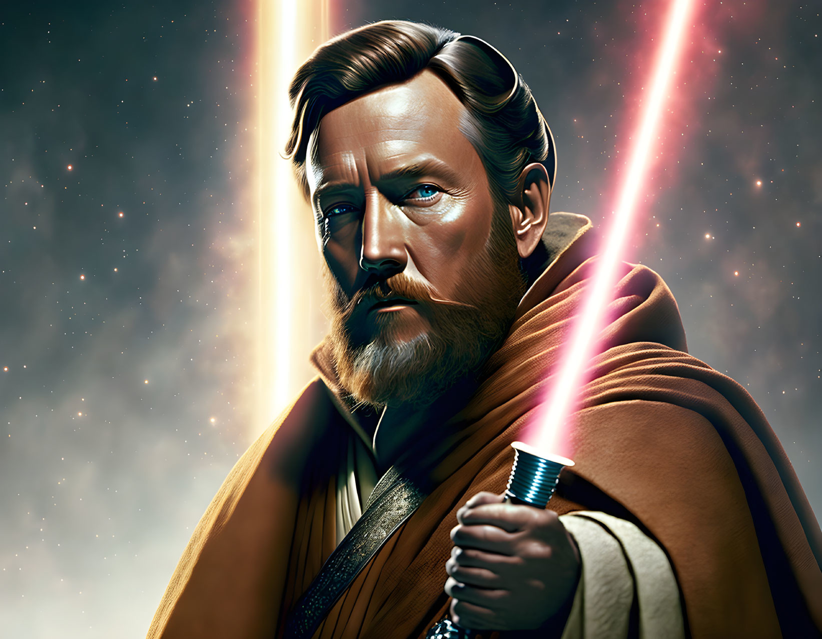 Bearded man with lightsaber in Jedi robes against cosmic backdrop