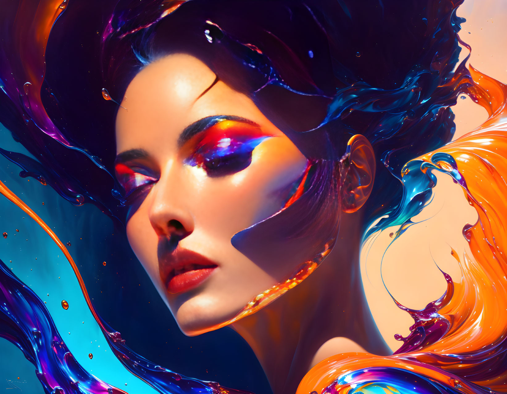 Colorful digital artwork: Woman's face with swirling liquid forms