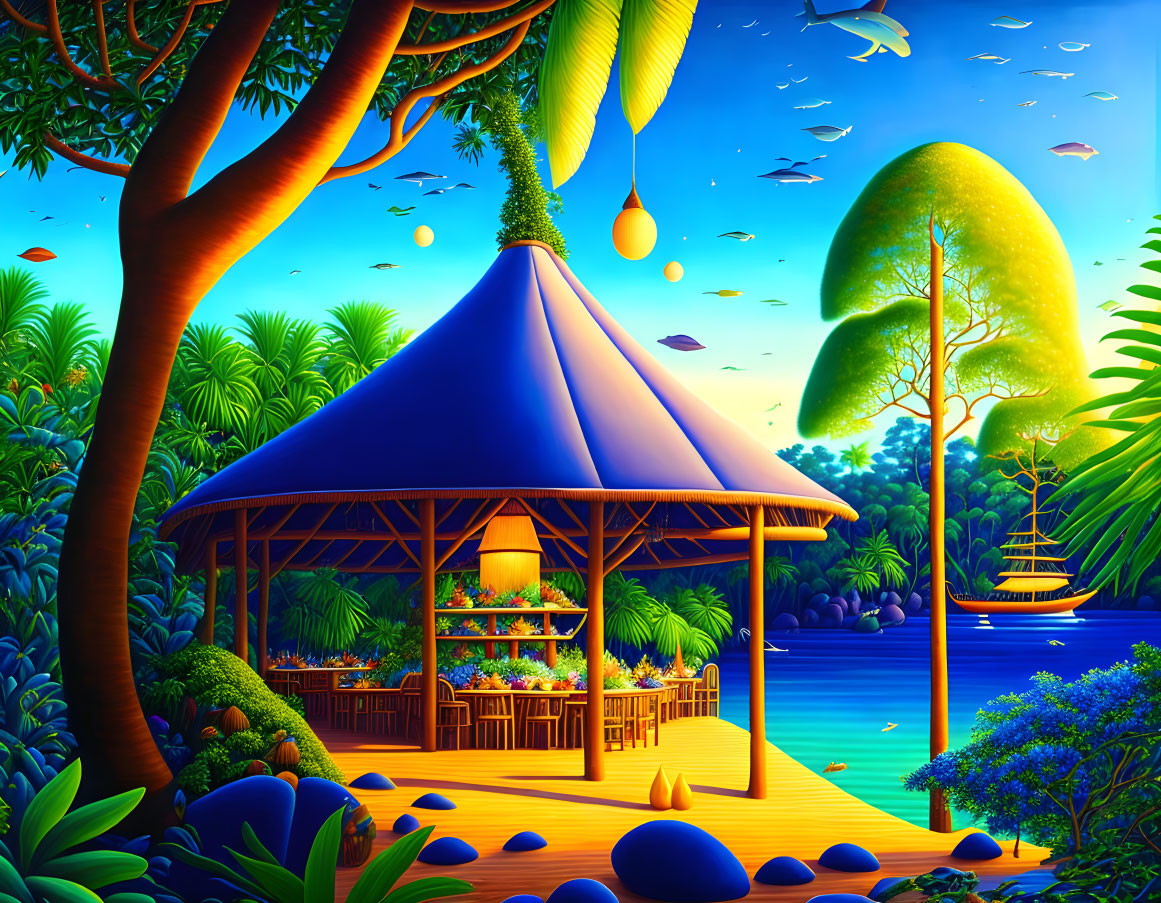 Colorful Gazebo Illustration Surrounded by Tropical Foliage and Moonlit Sky