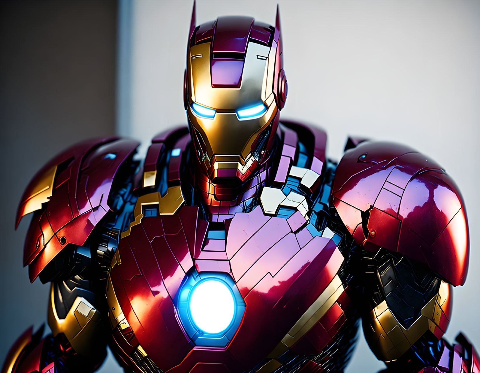 Detailed Iron Man suit with glowing reactor on soft background