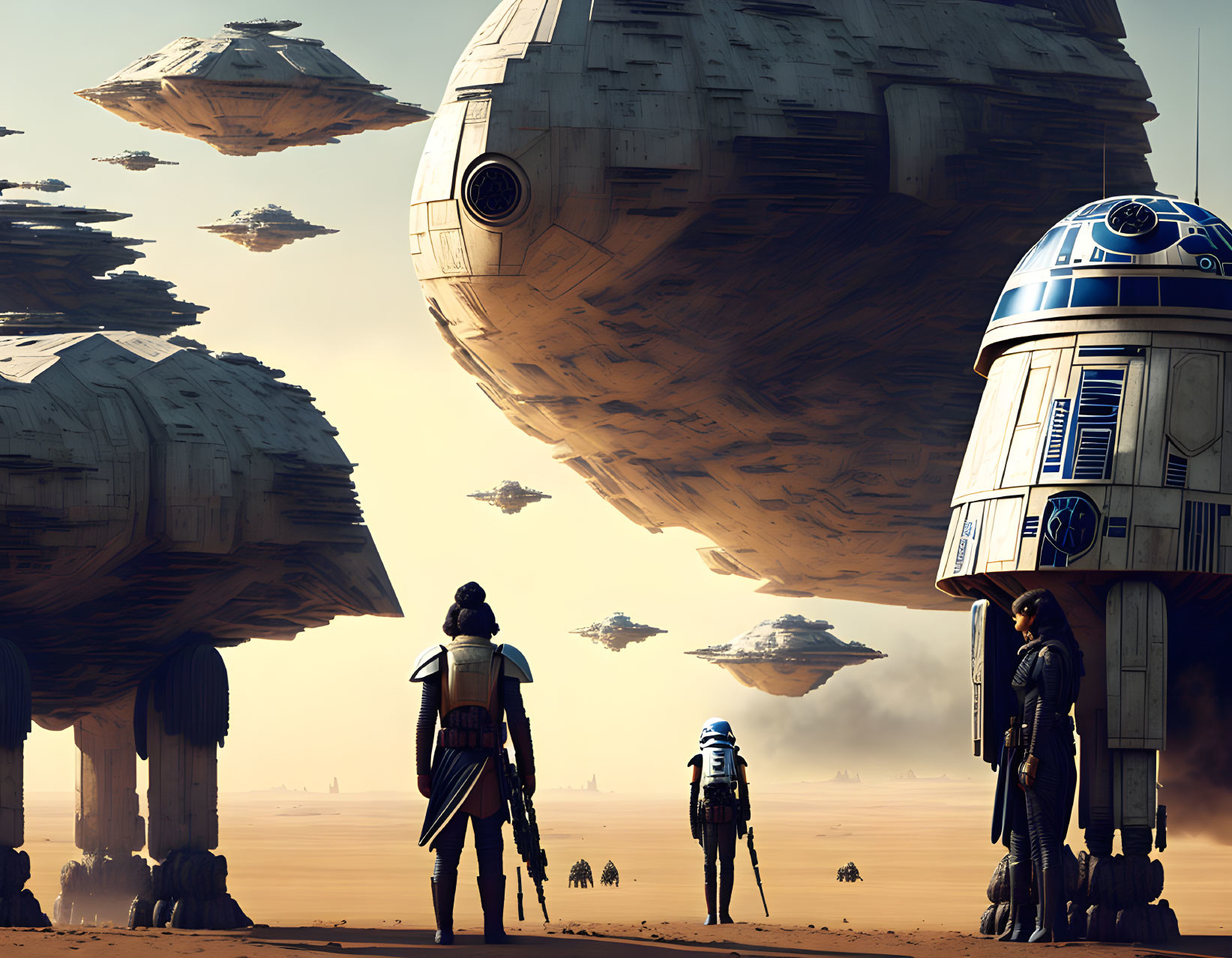 Figures and droid in desert with hovering starships