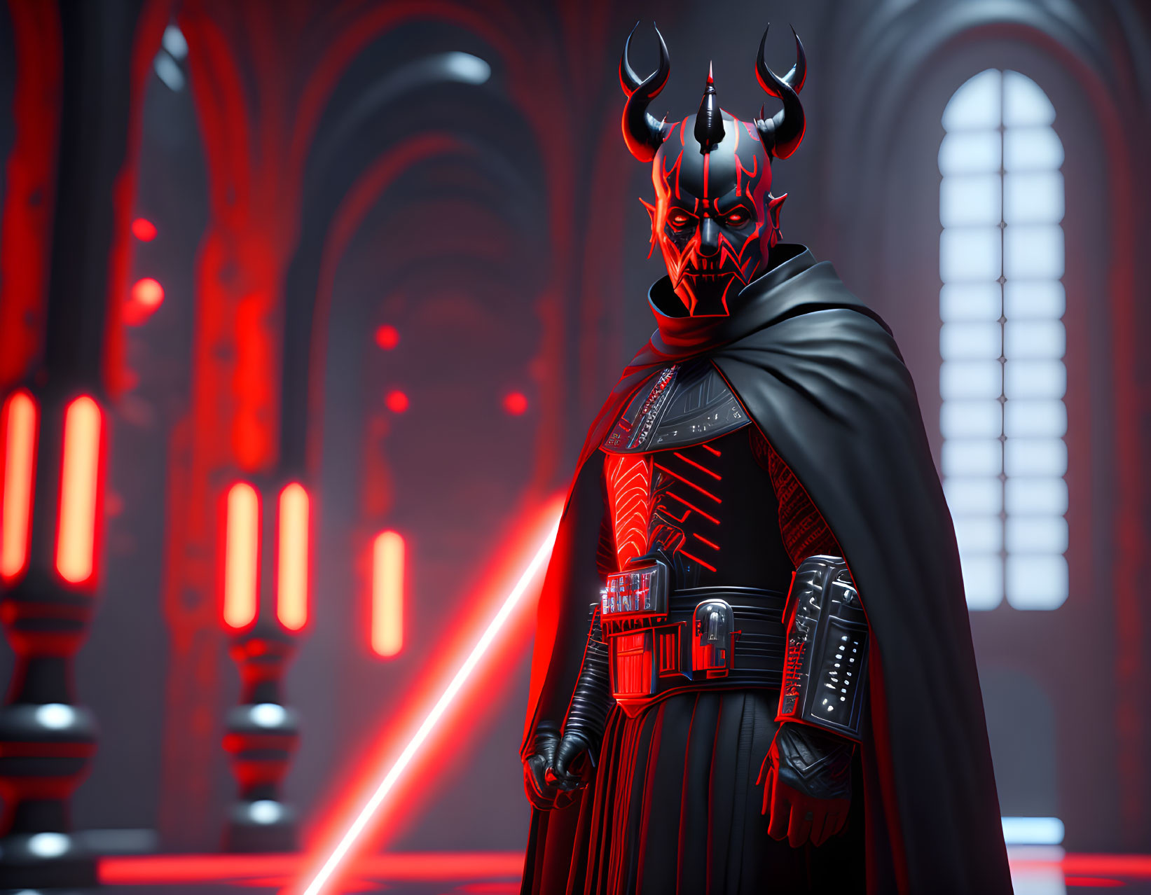 Sinister Dark Figure with Red Lightsaber in Gothic Chamber