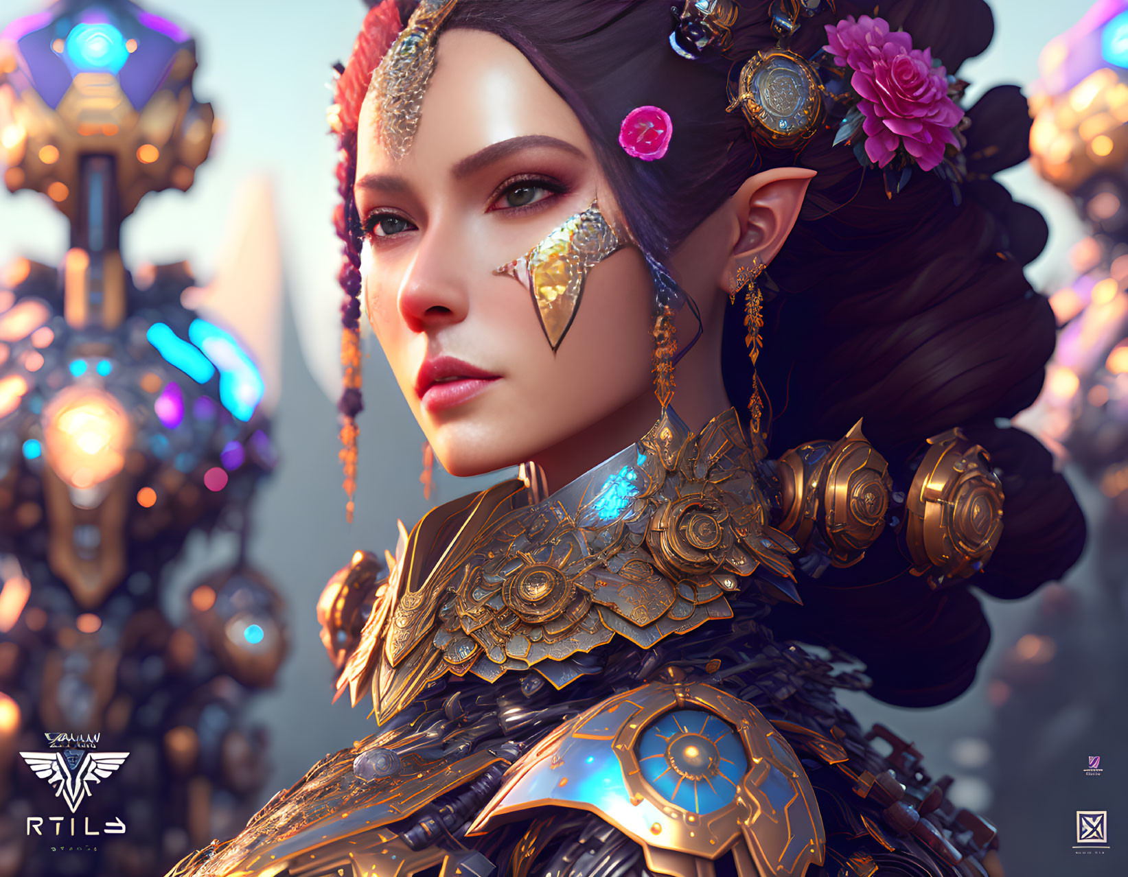 Digital artwork: Female character in ornate armor with golden facial piece in futuristic setting.