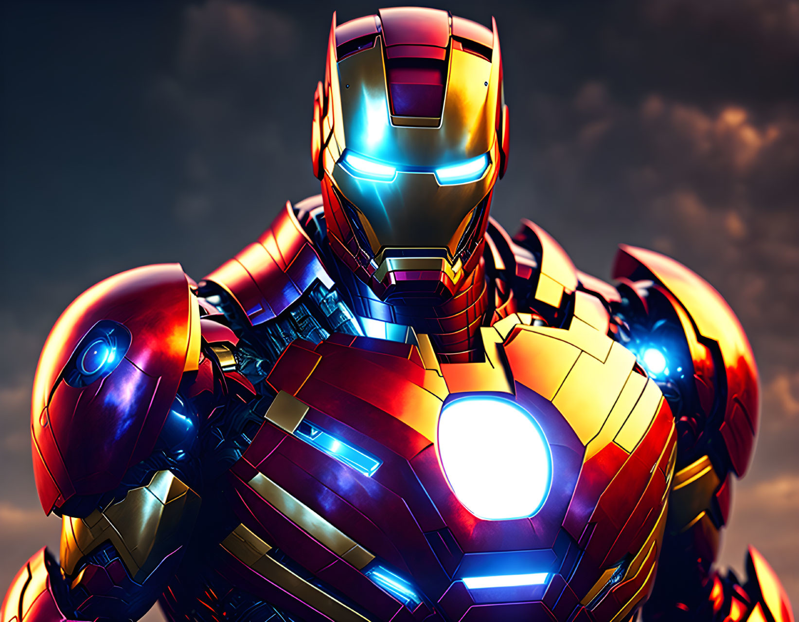 Detailed Iron Man suit with glowing eyes and chest arc reactor against dramatic sky