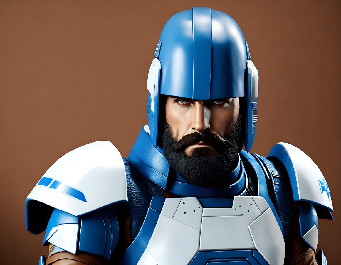 Bearded man in futuristic blue and white armor with helmet