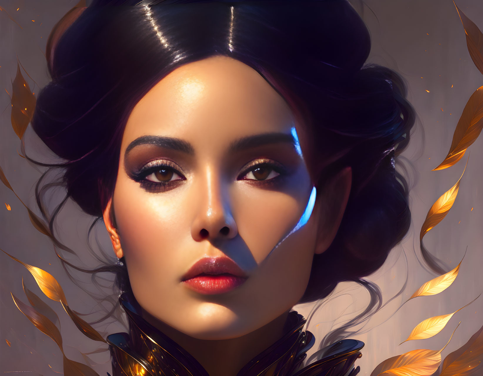 Digital Artwork: Woman with Striking Features and Golden Feathers