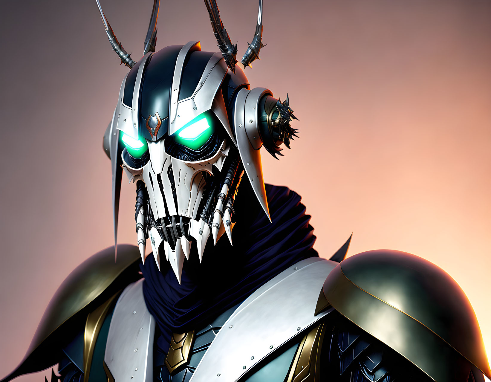 Menacing robotic knight with glowing eyes in metallic armor against dusk sky.