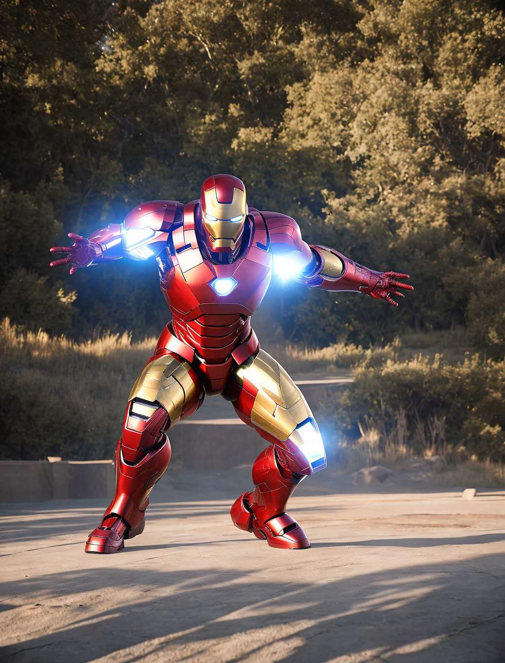 Iron Man suit with repulsor beams in heroic pose against natural backdrop