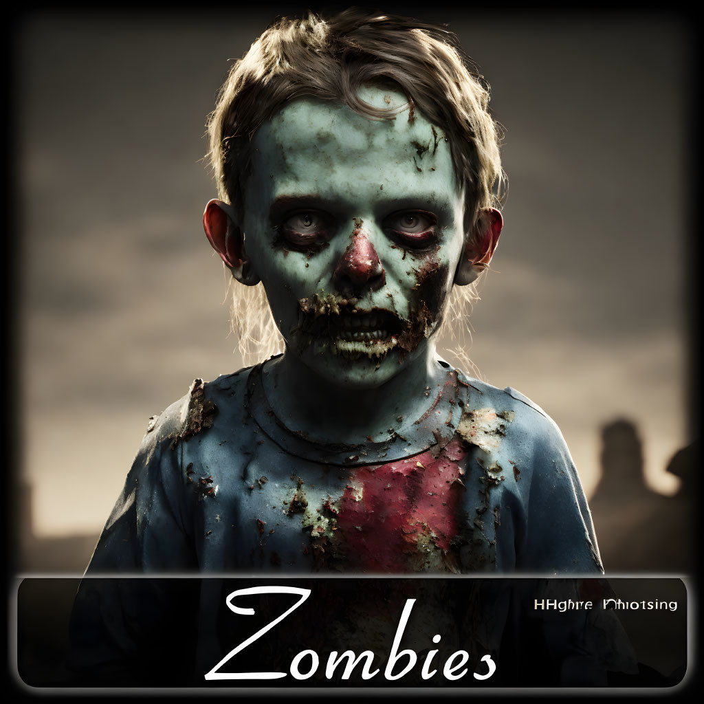 Child in zombie makeup against eerie background symbolizing horror theme.