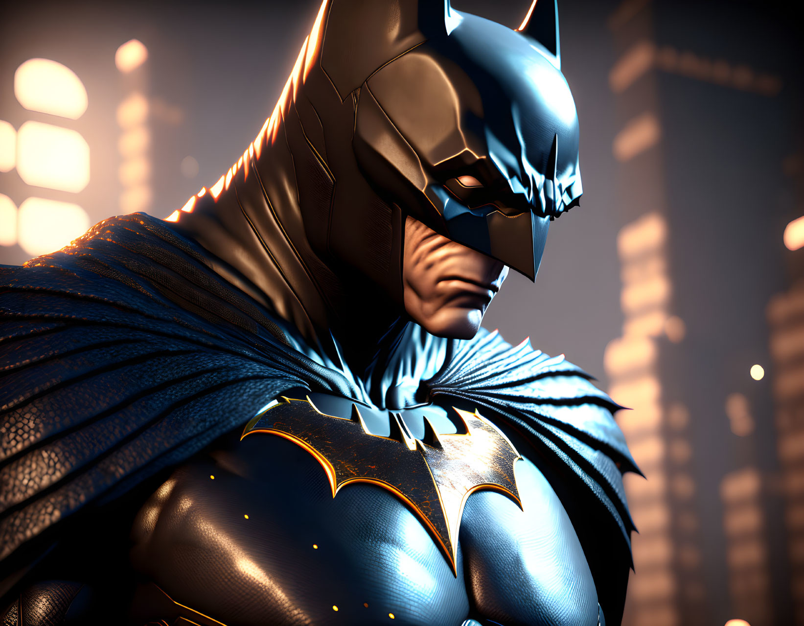 Detailed 3D-rendered Batman close-up in dark suit against night cityscape