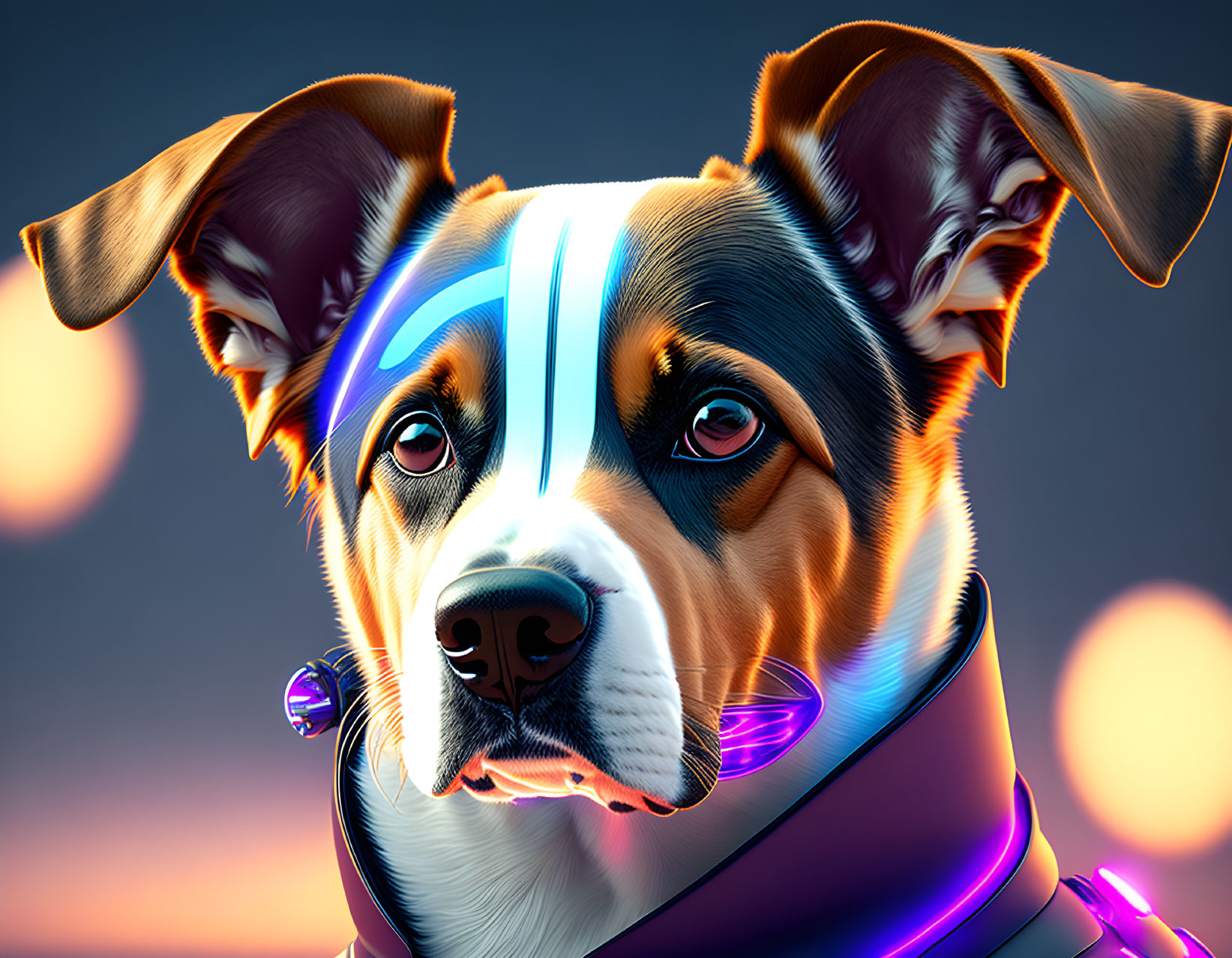 Colorful futuristic digital art of a neon-lit dog in sunset backdrop