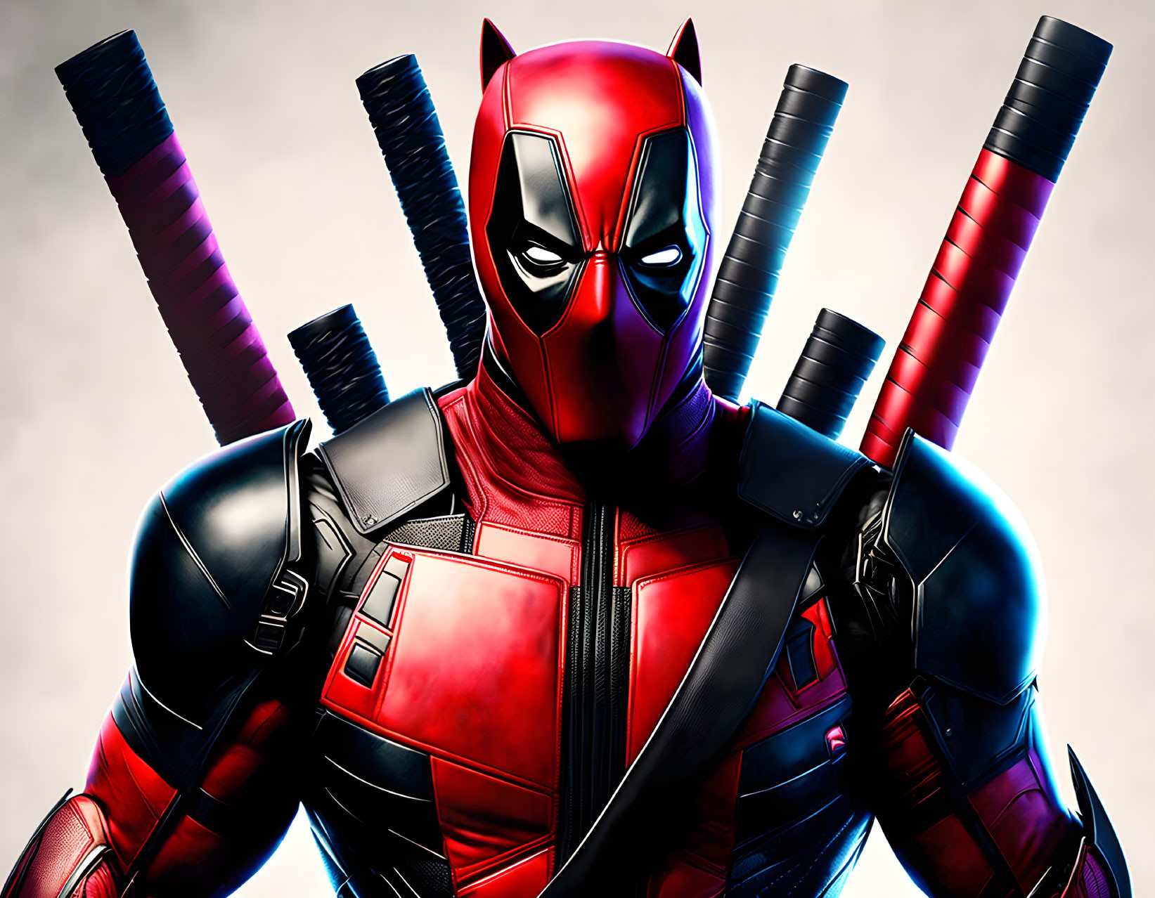 Person in Red and Black Suit with Mask and Katanas on Gradient Background