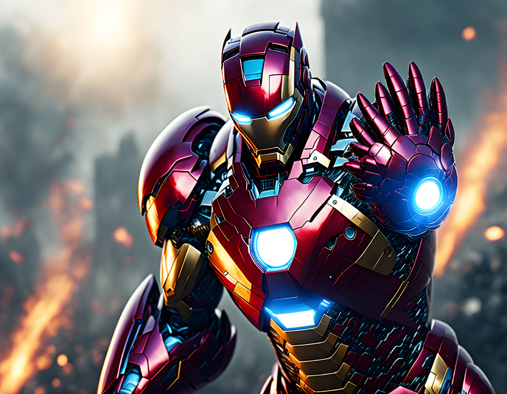 Detailed Iron Man suit with blue arc reactor and repulsors on fiery battlefield.