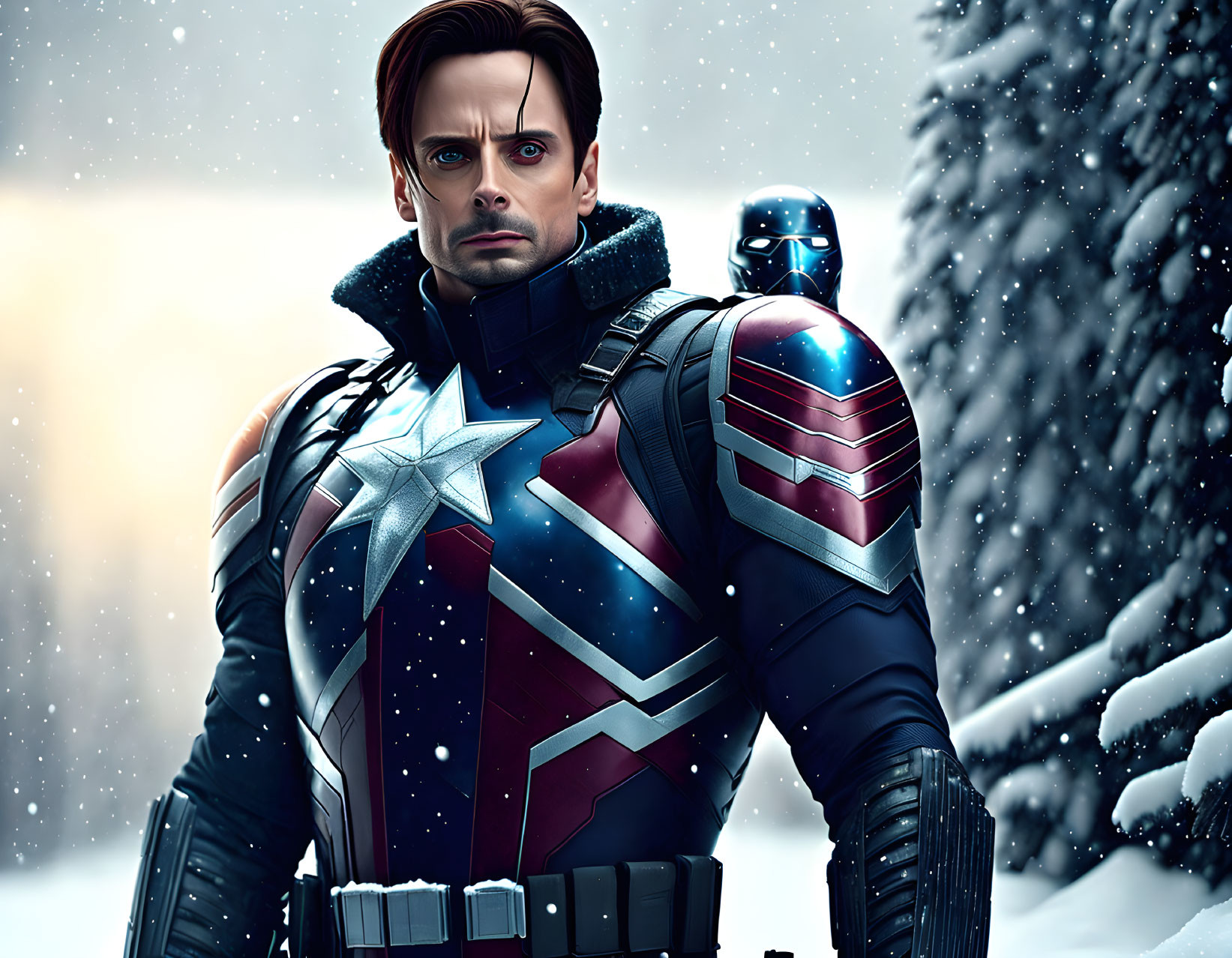 Male superhero in blue-and-red armor suit in snowy setting