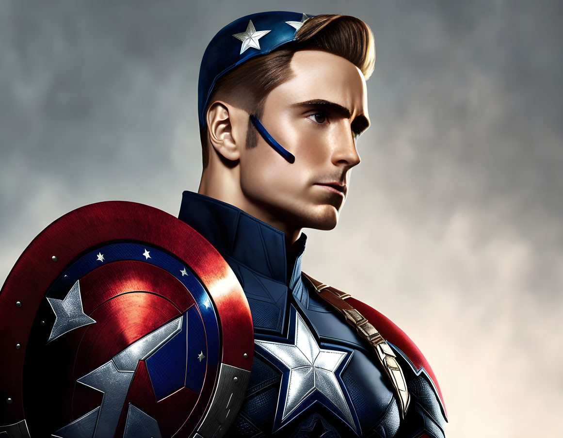 Superhero illustration with star-spangled shield and costume