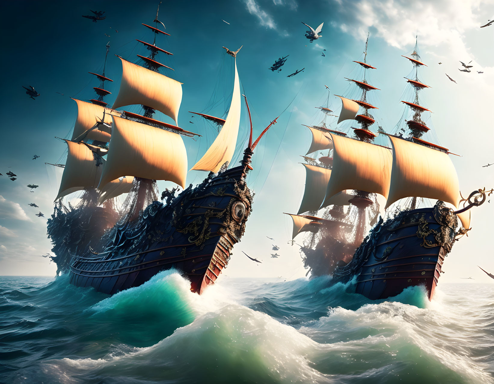 Elaborately decorated tall ships on choppy seas with seagulls