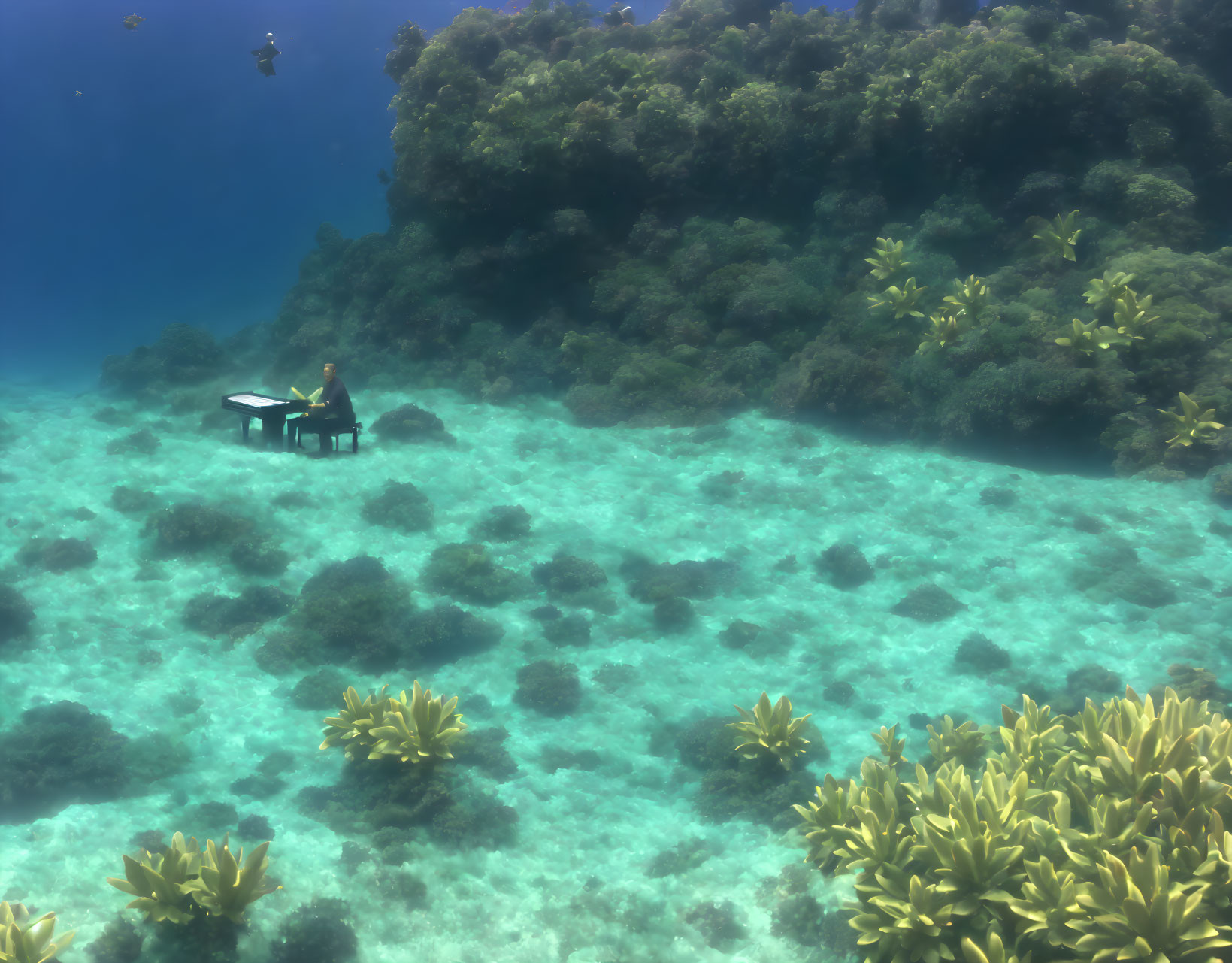 Person playing grand piano in serene underwater scene.