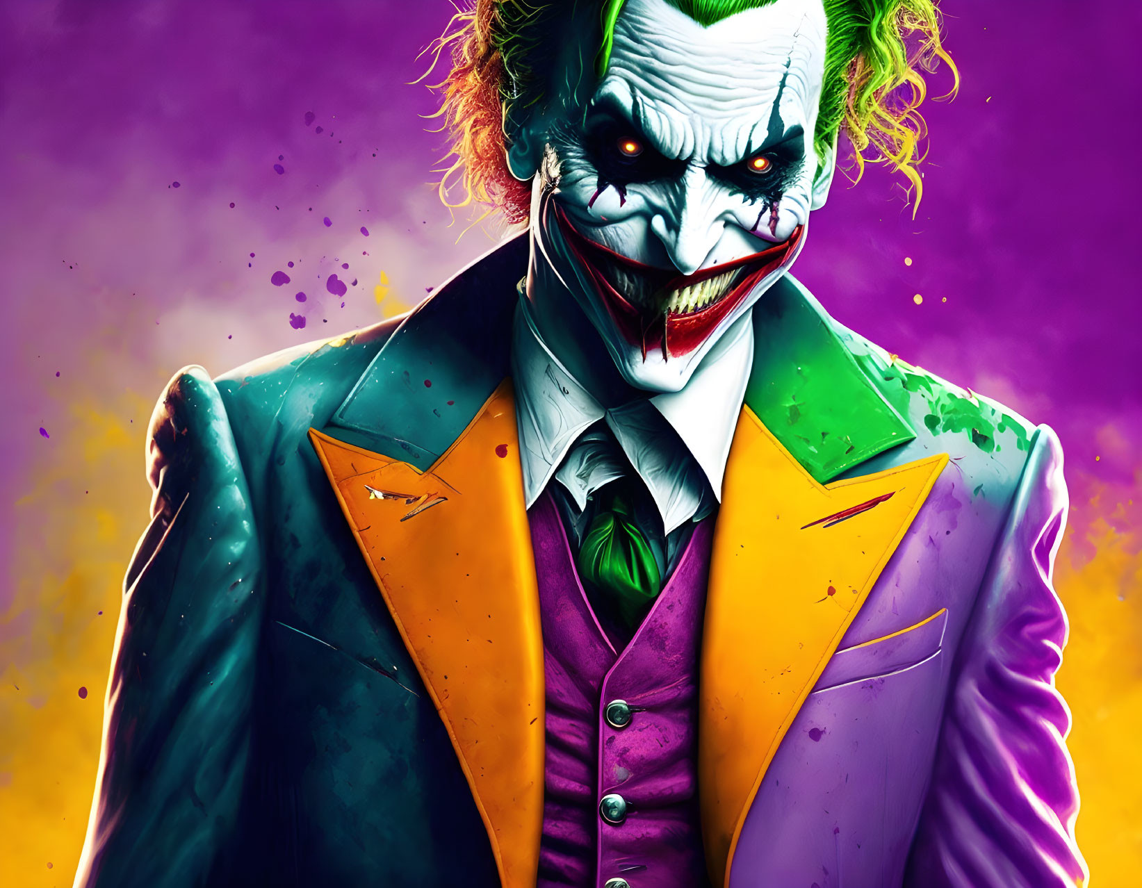 Vibrant Joker illustration in purple and green suit on colorful backdrop