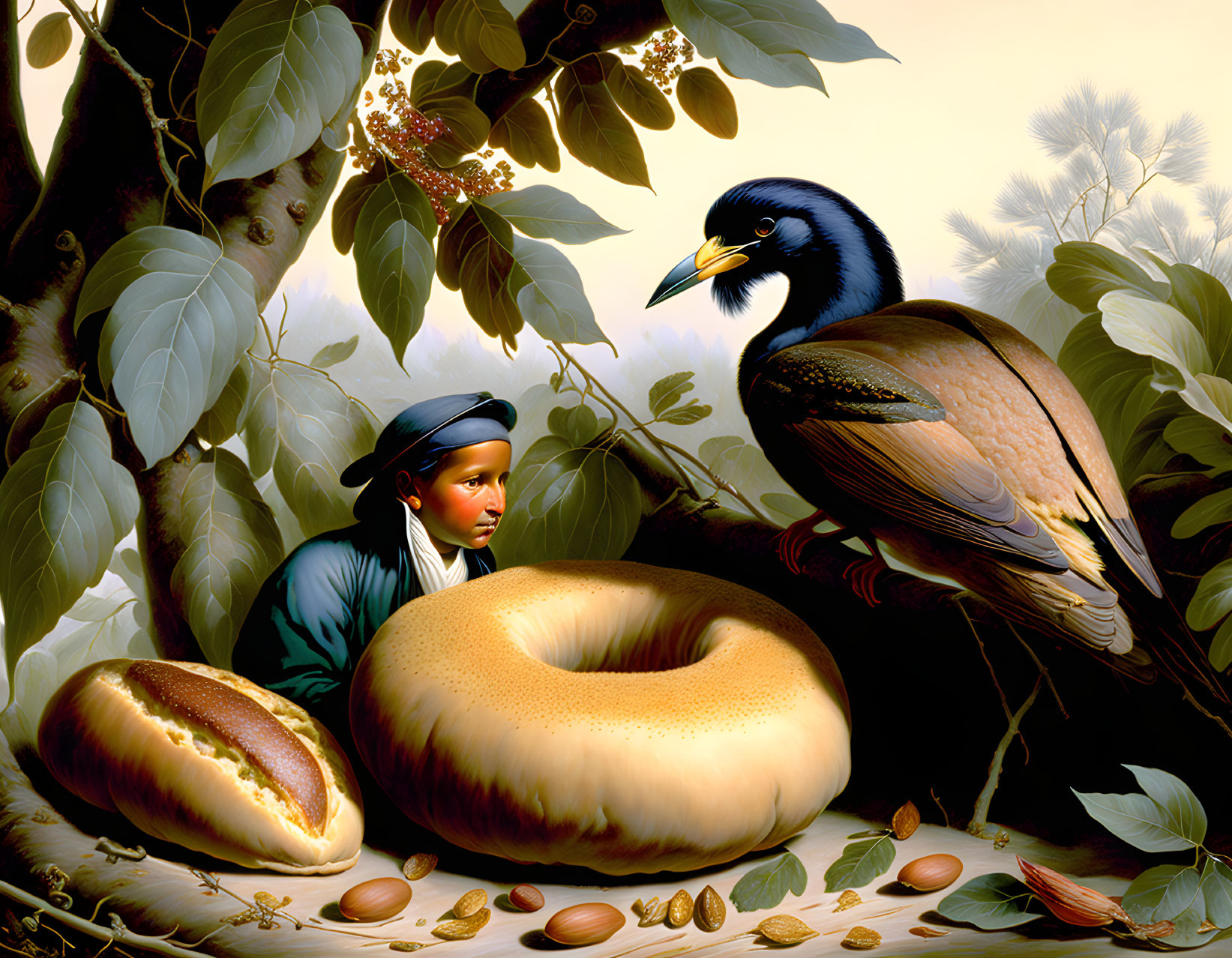 Surreal image: person's profile merges with giant bird, bread, nuts, foliage