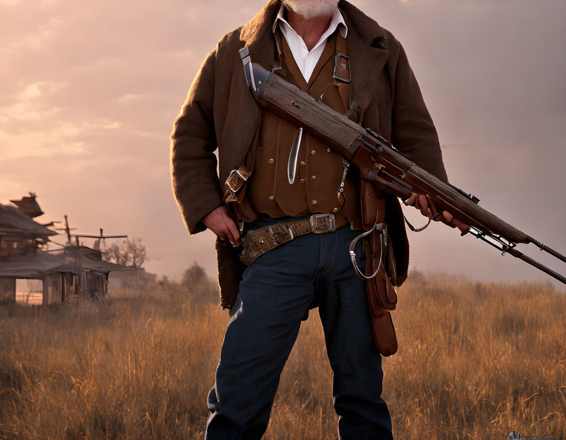 Vintage Western attire person with rifle in sunset field