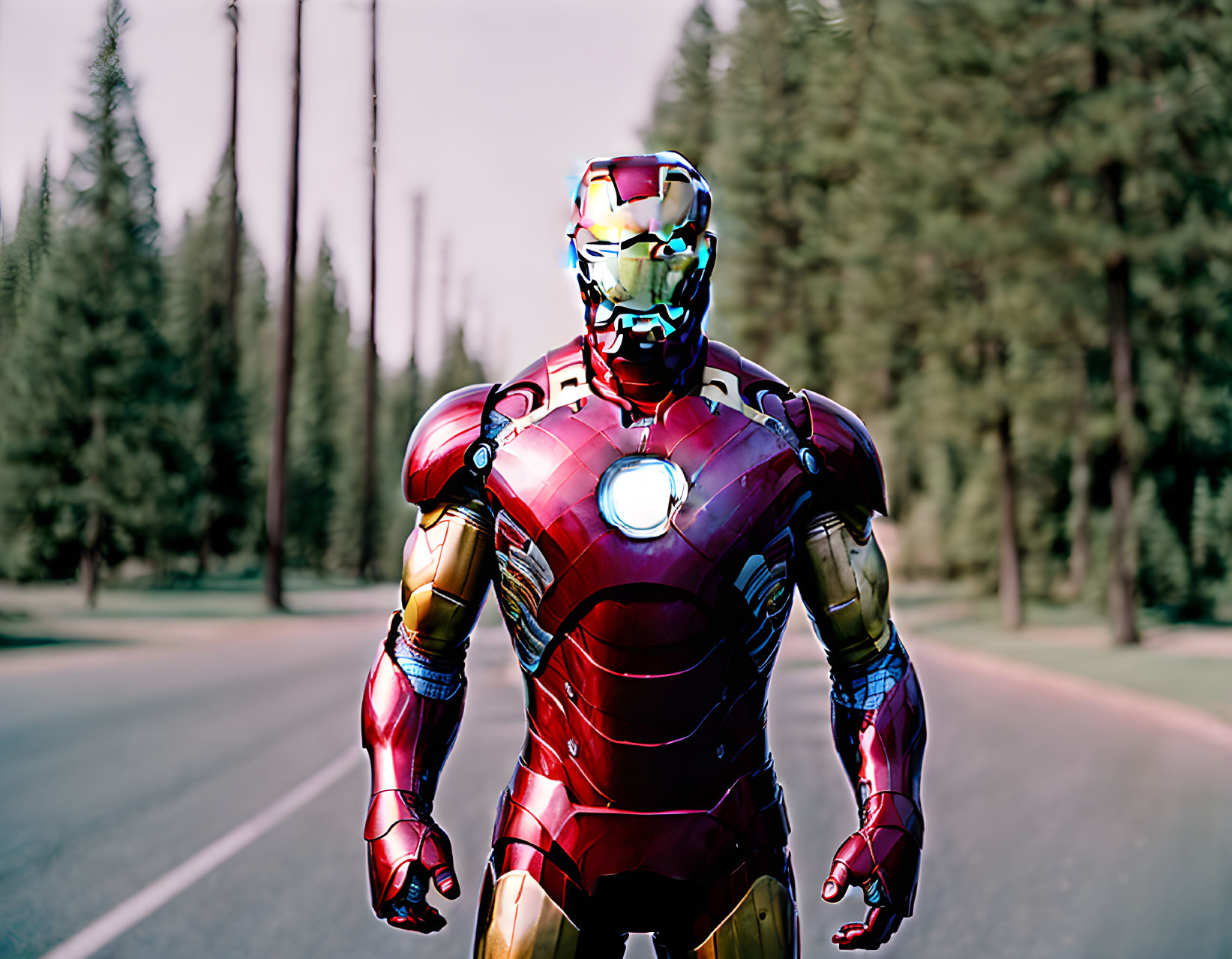 Detailed Iron Man Costume on Road with Trees