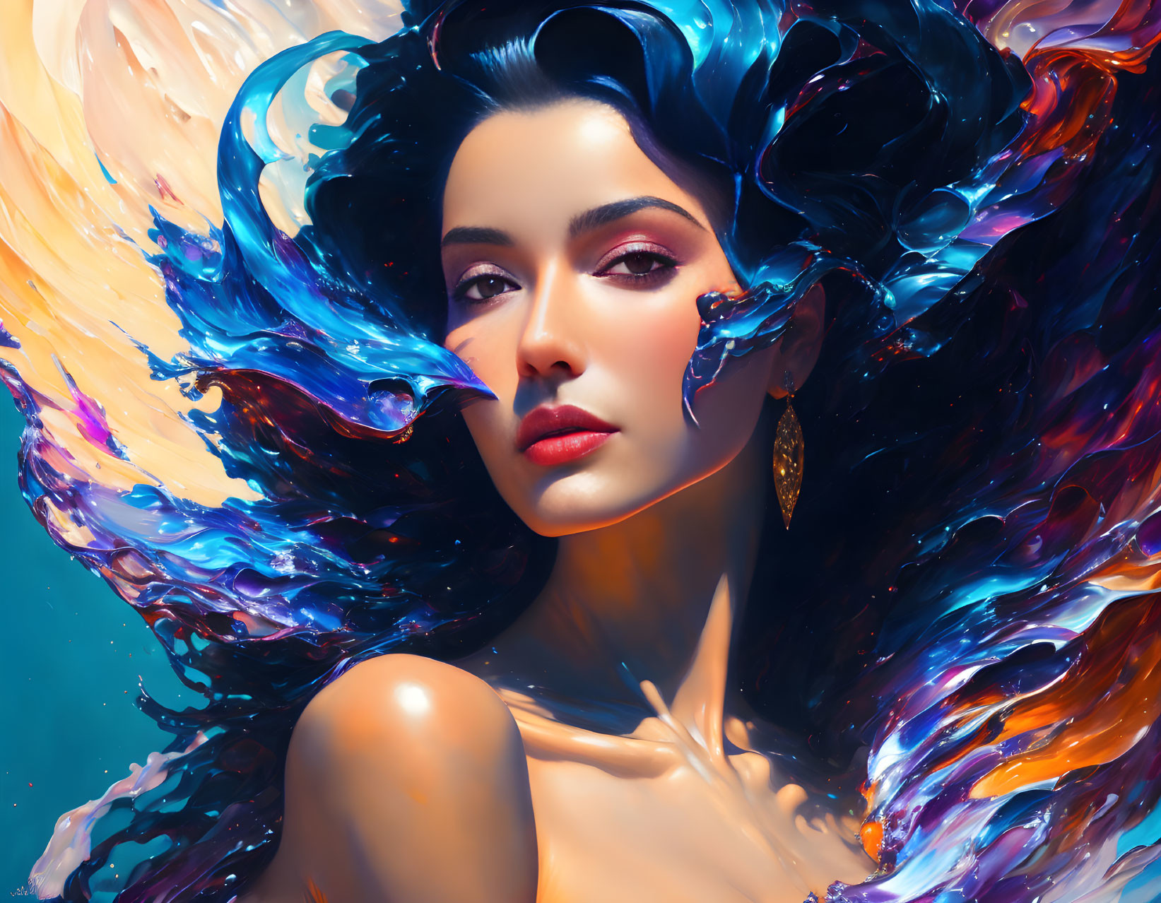 Vibrant digital artwork: Woman with flowing blue, purple, and orange hair