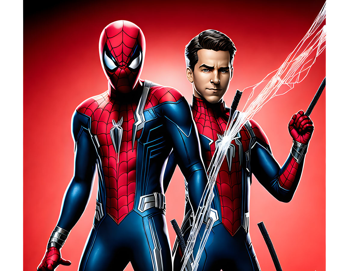 Spider-Man in iconic suit with man in suit posing heroically on red background