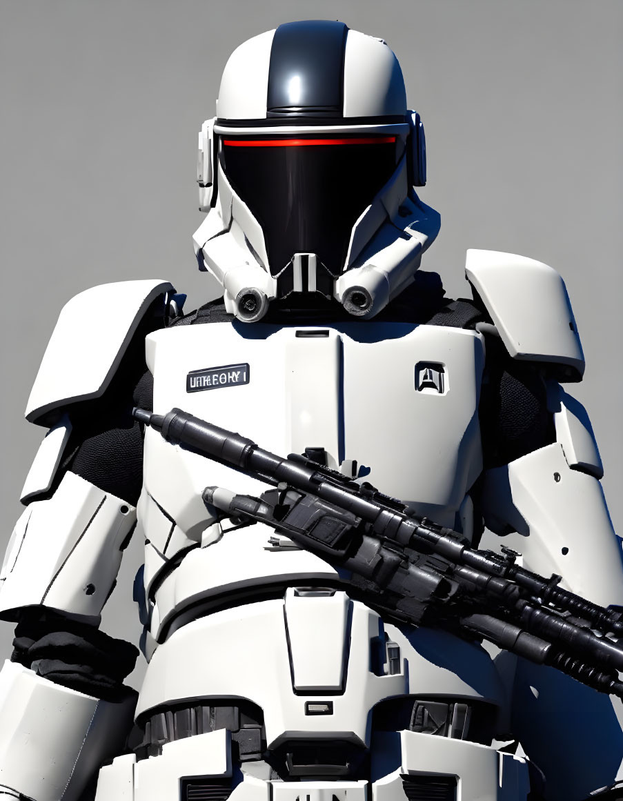 Futuristic armored soldier in white exoskeleton suit with red visor holding black rifle