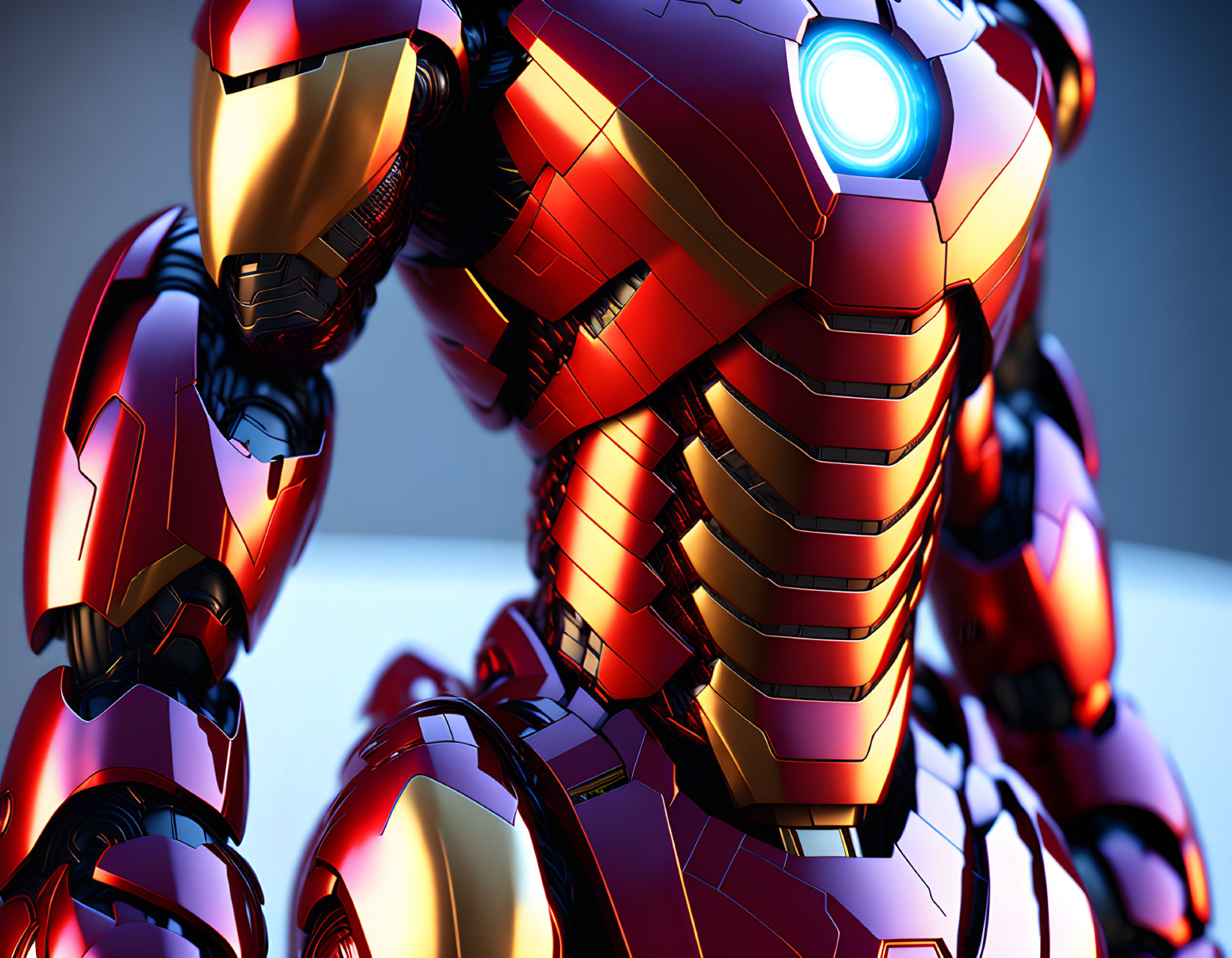 Detailed red and gold armored robot with blue chest reactor on blurred background