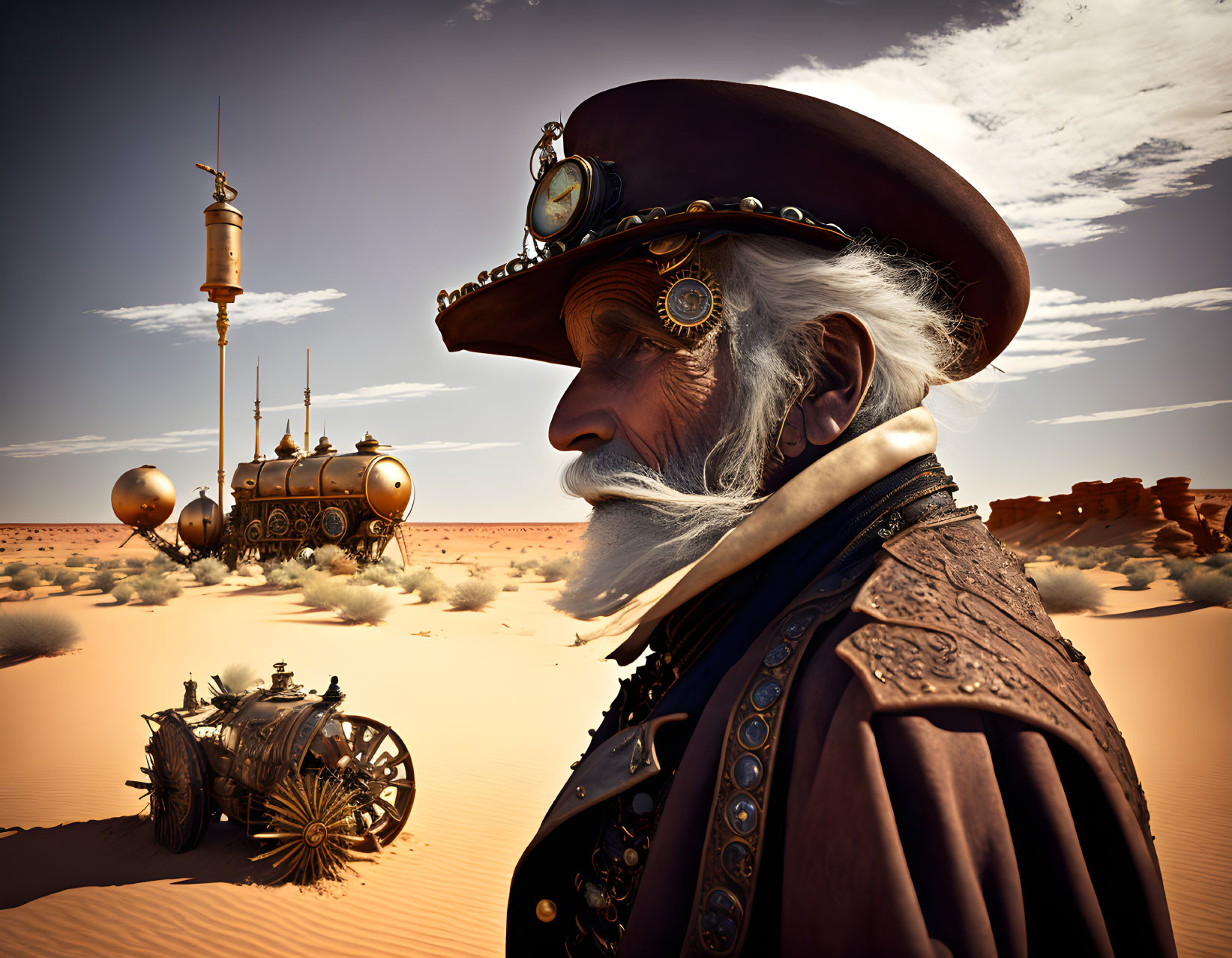 Elder in Steampunk Attire Observing Futuristic Desert Scene