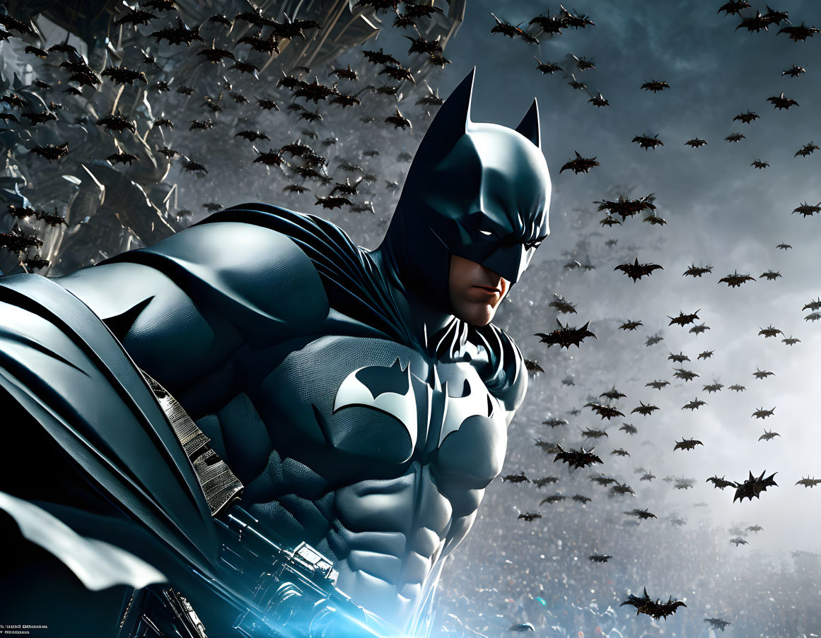 Animated character in Batman costume under dark bat-filled sky