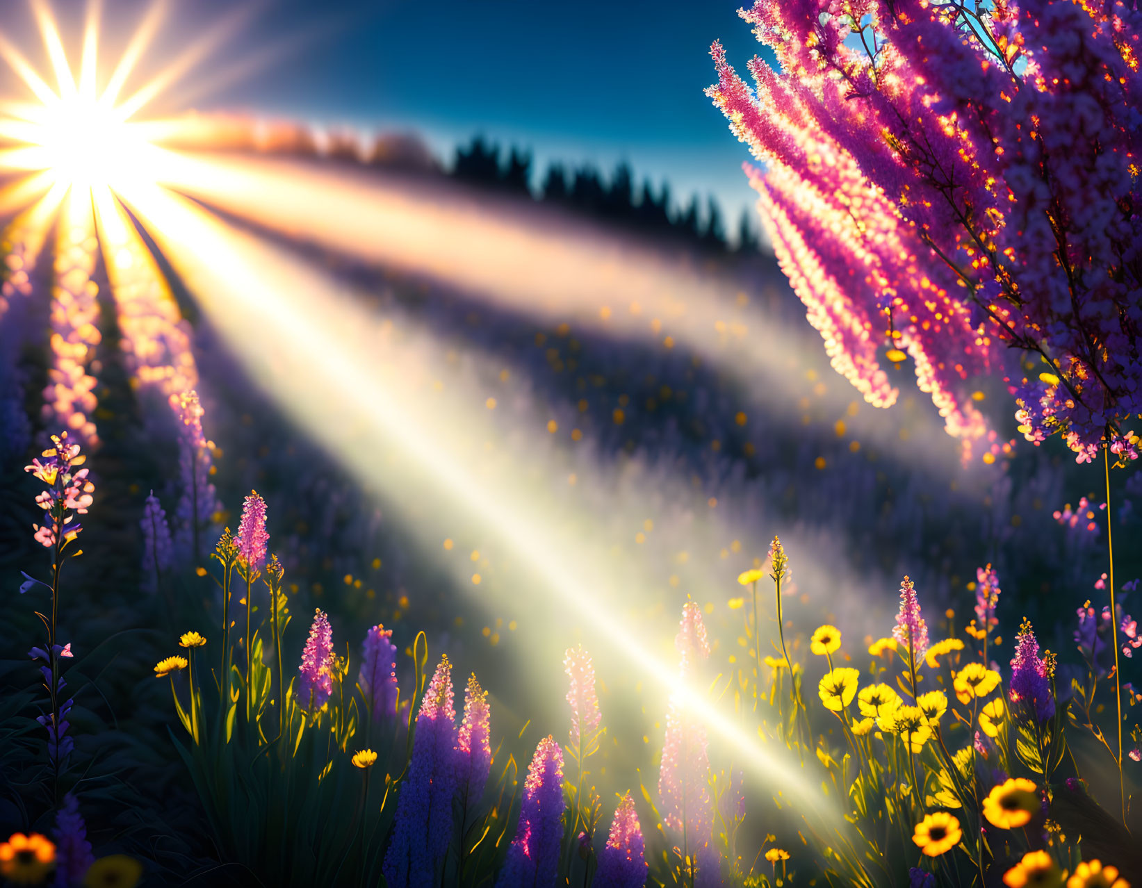 Colorful Wildflowers at Sunrise: Tranquil Scene with Sunbeams