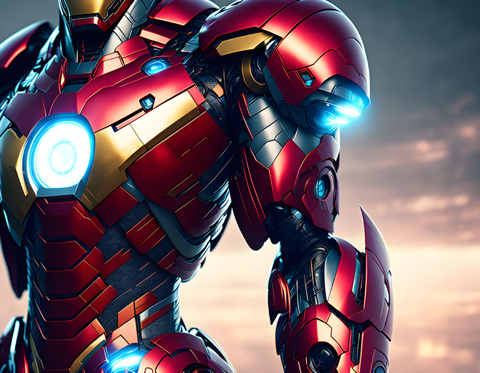 Detailed Close-Up of Red and Gold Armored Figure at Sunset