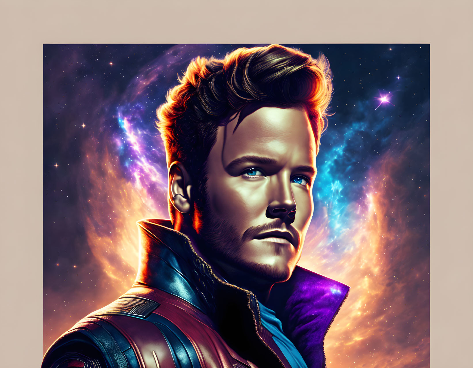 Stylized portrait of man with quiff hairstyle in cosmic superhero setting